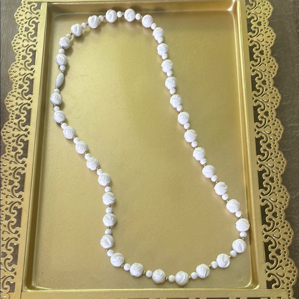 Vintage White Plastic Beaded Long Statement Necklace